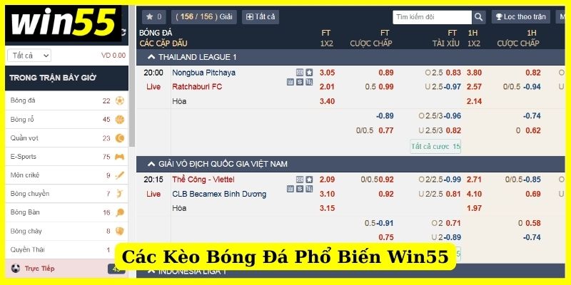 Những loại kèo bóng đá phổ biến trên Win55