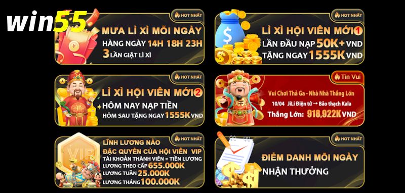 Một vài khuyến mãi khủng do nhà cái Win55 cung cấp